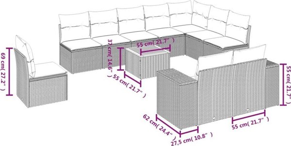 vidaXL Σετ Κήπου 11 Τεμαχίων με Μαξιλάρια, Μπεζ, Πολυρατάν