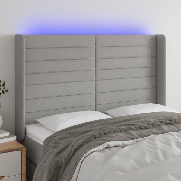 vidaXL Αντίκε κεφαλάρι κρεβατιού με LED, ανοιχτό γκρι, 147x16x118/128 cm, ύφασμα