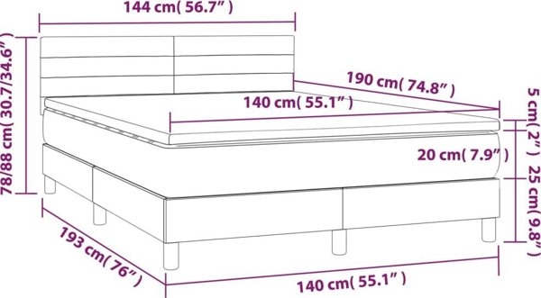 vidaXL Λουζκο κοντινεντάλ με στρώμα, ανοιχτό γκρι, 140x190 εκ, ύφασμα