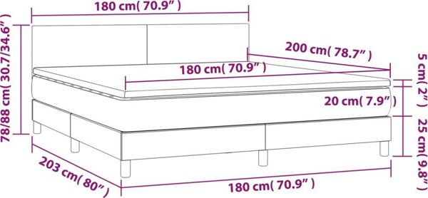 vidaXL Κρεβάτι kontynentalne με στρώμα και LED, γκρι βελούδο 180x200 cm