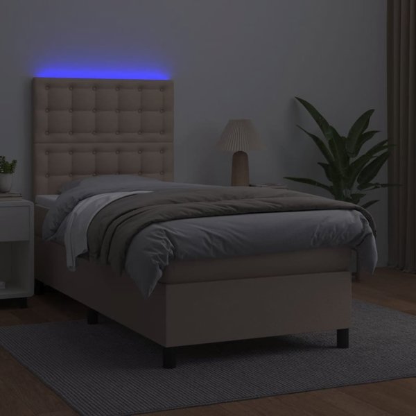 vidaXL Κρεβάτι κοντινεντάλ με στρώμα και LED cappuccino οικοδερμα 90x200εκ