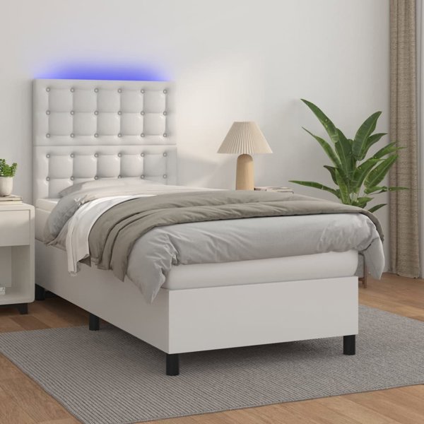 vidaXL Κρεβάτι Κοντινεντάλ με Στρώμα και LED, Λευκή Δερματίνη 100x200 cm