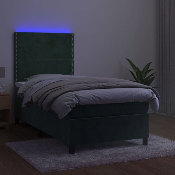 vidaXL Lozko kontynentalne z materacem i LED zielony aksamit 90x190 cm
