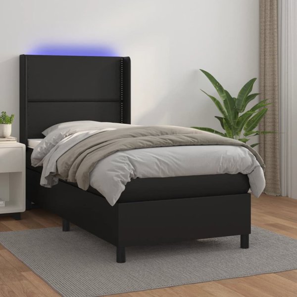 vidaXL Κρεβάτι κοντινεντάλ με στρώμα και LED, μαύρο συνθετικό δέρμα 100x200 εκ.
