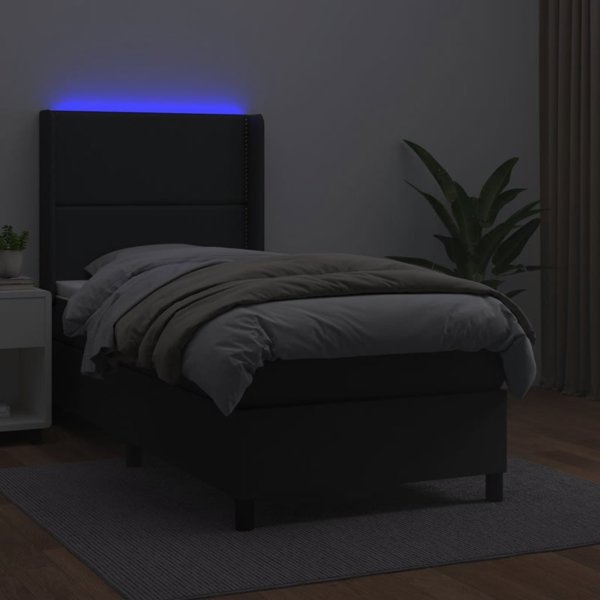 vidaXL Κρεβάτι κοντινεντάλ με στρώμα και LED, μαύρο συνθετικό δέρμα 100x200 εκ.