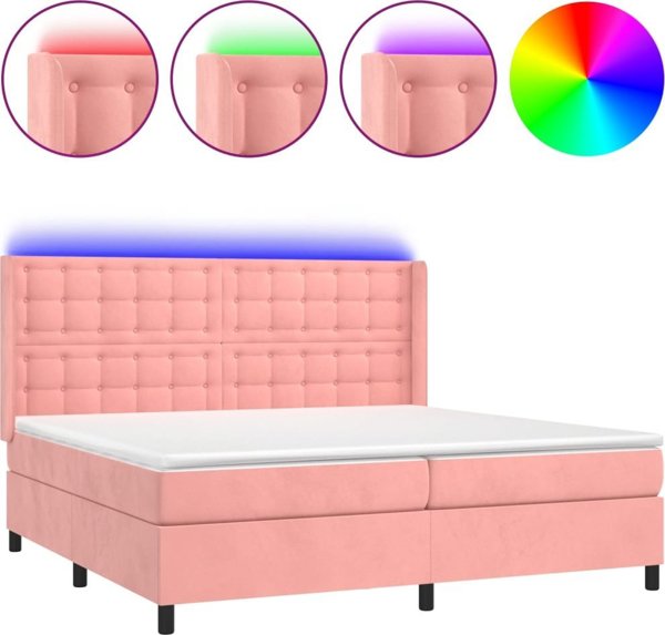 vidaXL Lozko kontynentalne z materacem i LED rozowy aksamit 200x200 cm