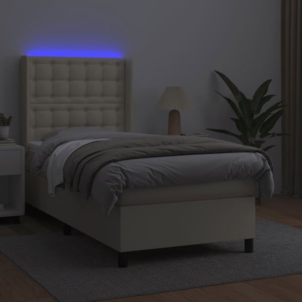 vidaXL Κρεβάτι κοντινεντάλ με LED και στρώμα, εκρού οικοδέρμα, 90x200cm