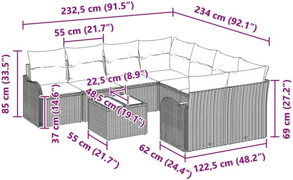 vidaXL Σετ Σαλόνι Κήπου 9 Τεμαχίων με Μαξιλάρια, Πολυρατάν, Ανοιχτό Γκρι