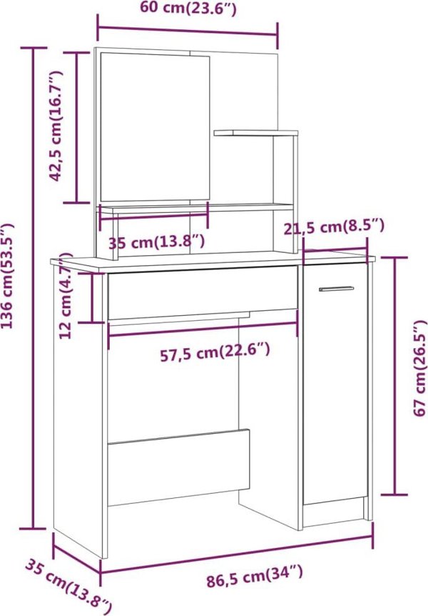 vidaXL Τουαλέτα με Καθρέφτη, καπνιστή δρυς, 86,5x35x136 cm