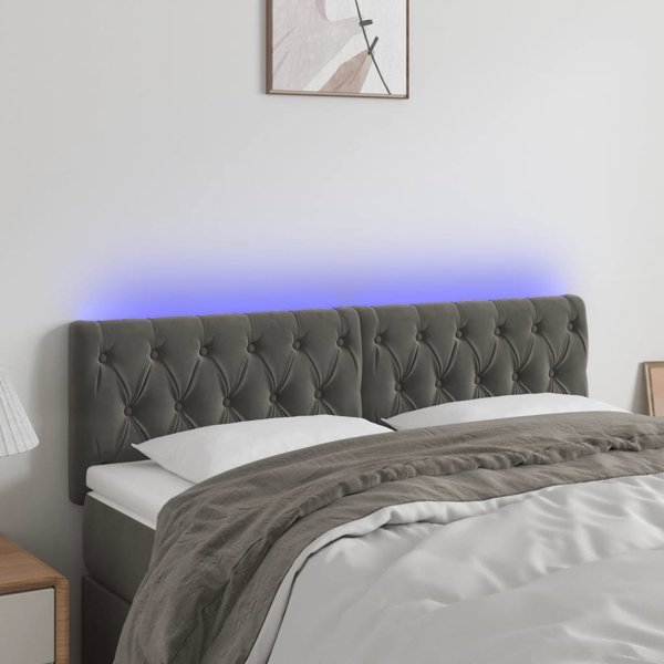 vidaXL Κεφαλάρι κρεβατιού με LED, σκούρο γκρι, 144x7x78/88 cm, βελούδο