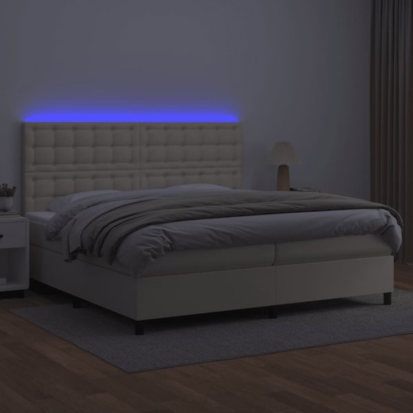 vidaXL Lozko kontynentalne z LED, materac, kremowe, ekoskora 200x200cm