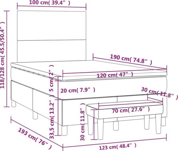vidaXL Κρεβάτι Continental με Στρώμα, Ανοιχτό Γκρι, 120x190 εκ., Βελούδο