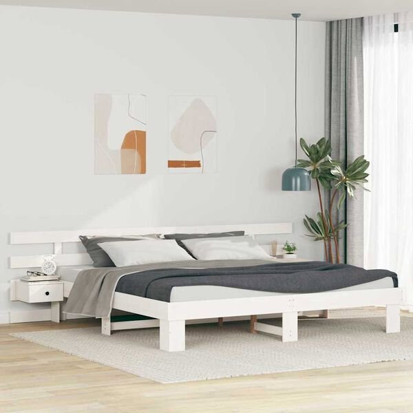 vidaXL Πλαίσιο Κρεβατιού με Κεφαλάρι, Συμπαγές Ξύλο Πεύκου, Λευκό, 200 x 200 cm