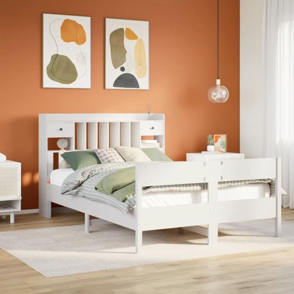vidaXL Κρεβάτι με ραφιέρα, χωρίς στρώμα, λευκό, 135x190 εκ., πεύκο