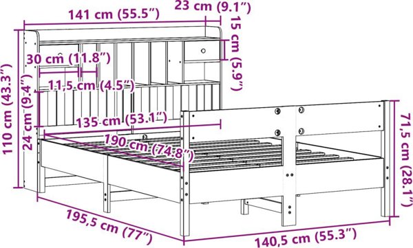 vidaXL Κρεβάτι με ραφιέρα, χωρίς στρώμα, λευκό, 135x190 εκ., πεύκο