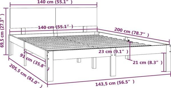 vidaXL Rama κρεβατιού, ξύλο πεύκου, 140 x 200 cm