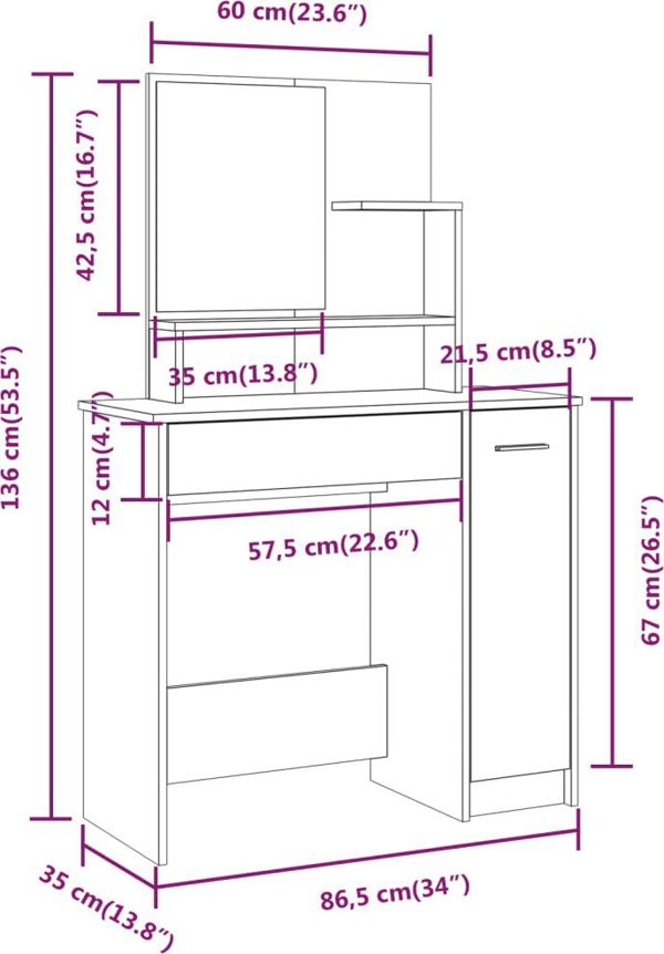 vidaXL Σετ με τουαλέτα, καπνιστό δρυς, 86,5 x 35 x 136 cm