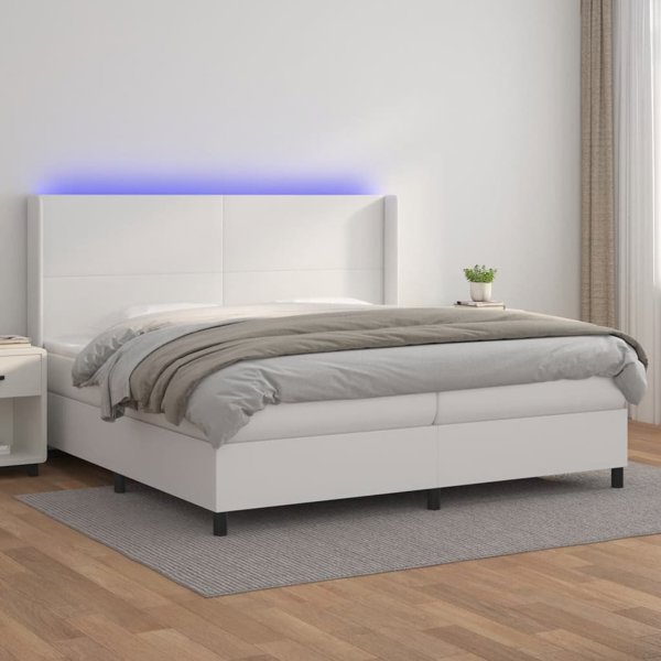 vidaXL Κρεβάτι κοντινένταλ με στρώμα και LED, λευκή δερματίνη 200x200 εκ.