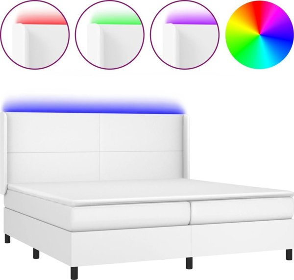 vidaXL Κρεβάτι κοντινένταλ με στρώμα και LED, λευκή δερματίνη 200x200 εκ.