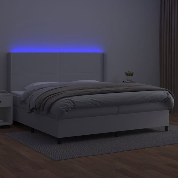 vidaXL Κρεβάτι κοντινένταλ με στρώμα και LED, λευκή δερματίνη 200x200 εκ.