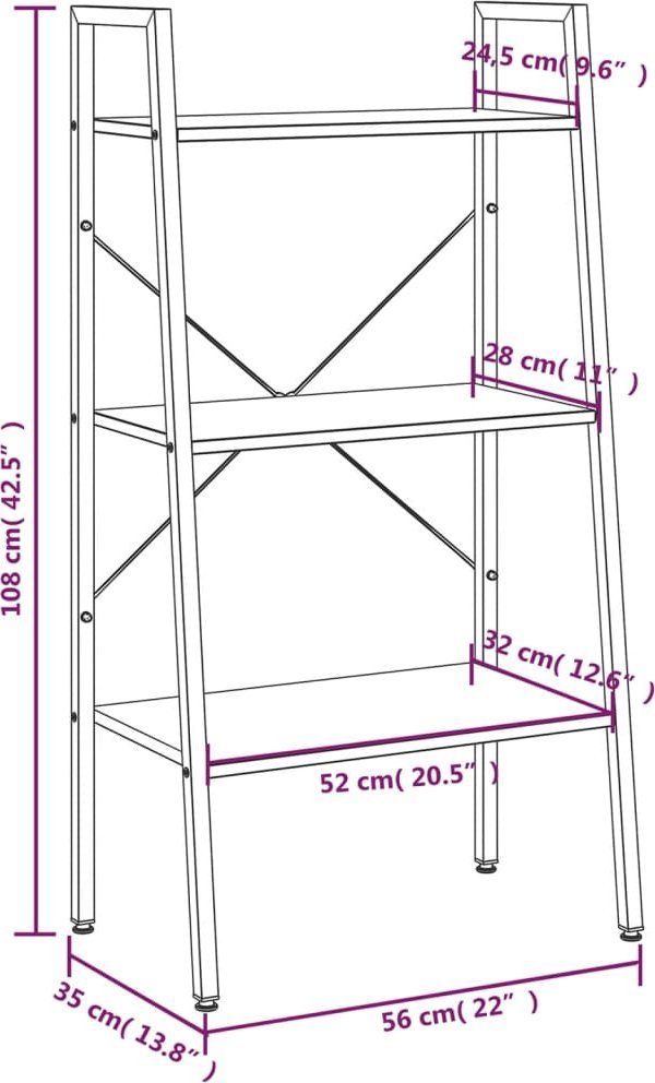 vidaXL Ράφι-Σκάλα με 3 Ράφια, ανοιχτό καφέ-μαύρο, 56x35x108 εκ.