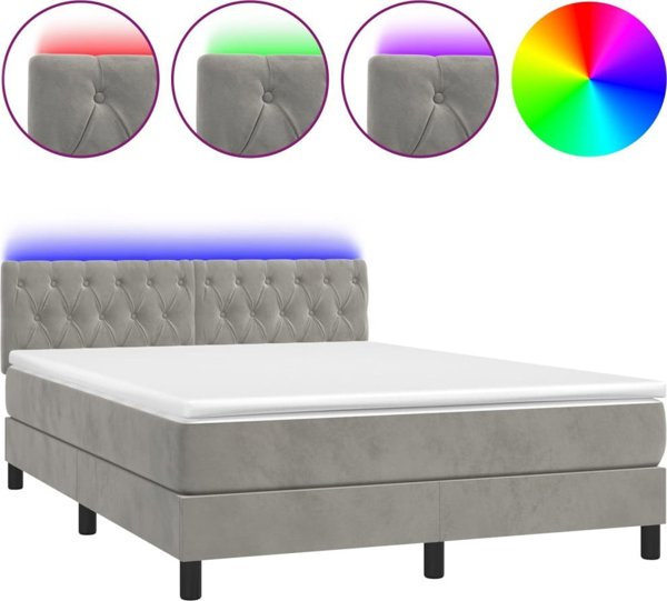 vidaXL Λουτζκο κοντινεντάλ με στρώμα και LED, γκρι, 140x200cm, βελούδο