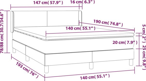 vidaXL Κρεβάτι Κοντινεντάλ με Στρώμα Μπλε 140x190 cm Υφασμάτινο