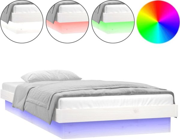vidaXL Rama lozka z LED, biala, 75x190 cm, pojedyncza, lite drewno