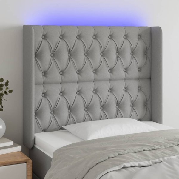 vidaXL προσκέφαλο κρεβατιού με LED, ανοιχτό γκρι, 103x16x118/128 εκ., ύφασμα