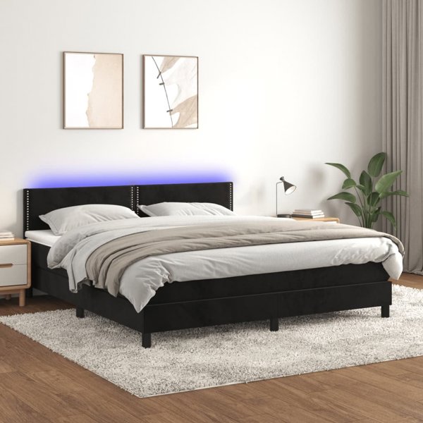 vidaXL Κοντινενταλ κρεβάτι με στρώμα και LED μαύρο βελούδο 180x200 cm