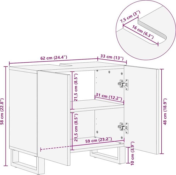 vidaXL ντουλάπι νιπτήρα μαύρο 62x33x58 εκ. μασίφ ξύλο μάνγκο