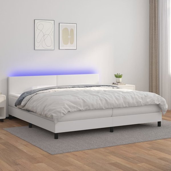 vidaXL Λουζκο kontynentalne με στρώμα και LED, λευκή δερματίνη, 200x200 εκ.