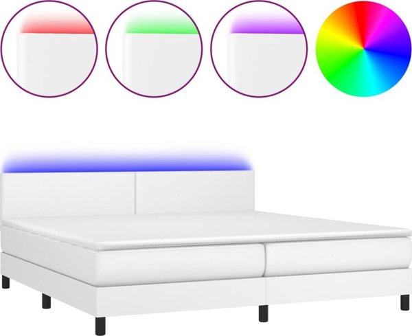 vidaXL Λουζκο kontynentalne με στρώμα και LED, λευκή δερματίνη, 200x200 εκ.