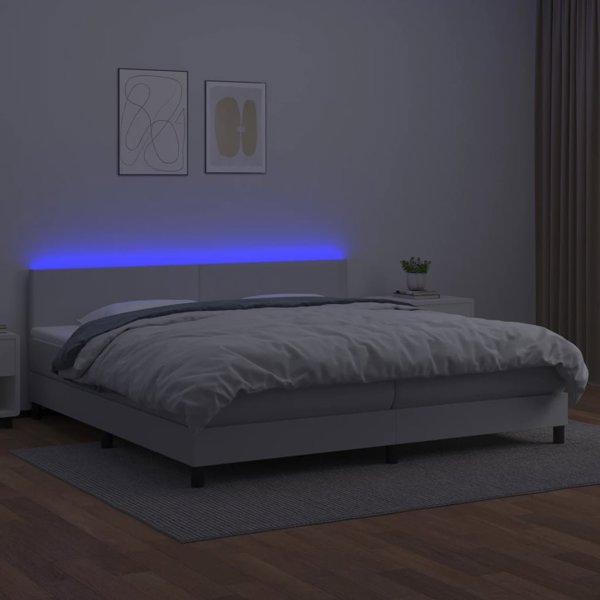 vidaXL Λουζκο kontynentalne με στρώμα και LED, λευκή δερματίνη, 200x200 εκ.