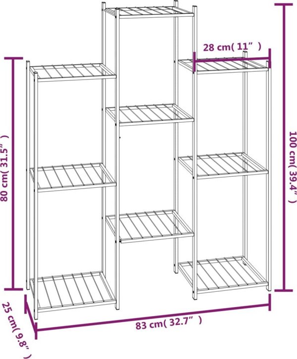 vidaXL Μαύρος σταντ για λουλούδια, 83x25x100 cm, σιδερένιος