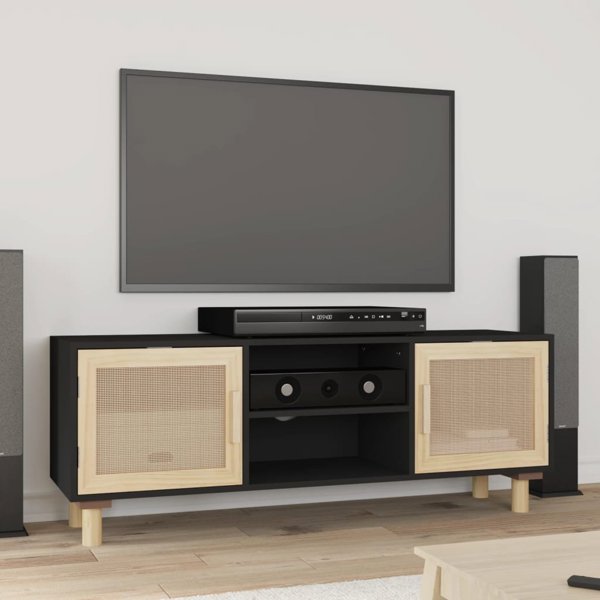 vidaXL vidaXL Stolik pod TV, czarny, 105x30x40 cm, drewno sosnowe i rattan