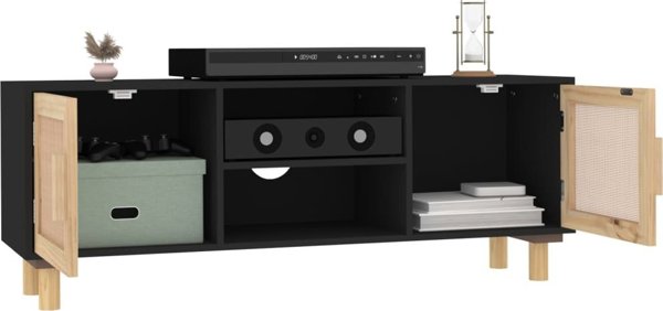 vidaXL vidaXL Stolik pod TV, czarny, 105x30x40 cm, drewno sosnowe i rattan