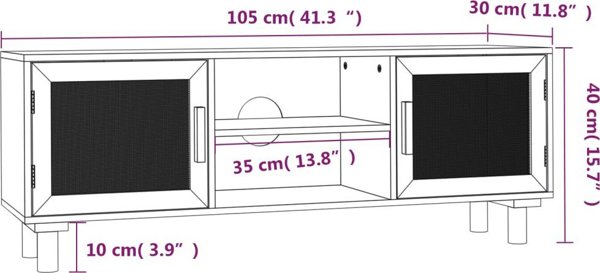 vidaXL vidaXL Stolik pod TV, czarny, 105x30x40 cm, drewno sosnowe i rattan