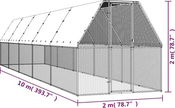 vidaXL Εξωτερικός κλωβός για κοτόπουλα, 2x10x2 m, γαλβανισμένο ατσάλι