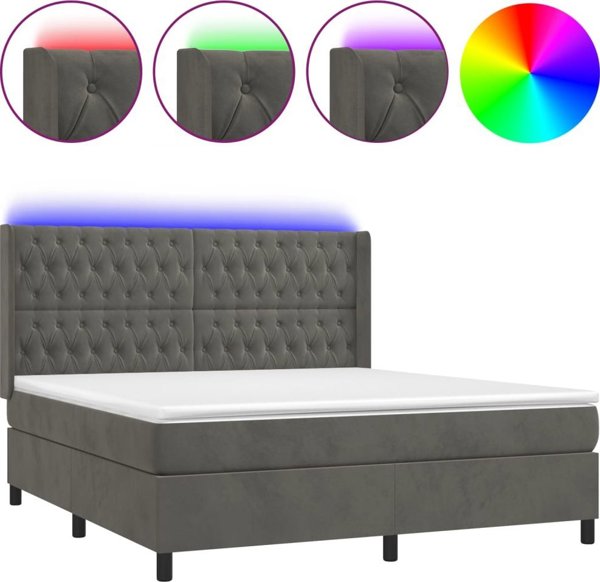 vidaXL Κρεβάτι κοντινεντάλε με στρώμα και LED, γκρι βελούδο, 180x200 εκ