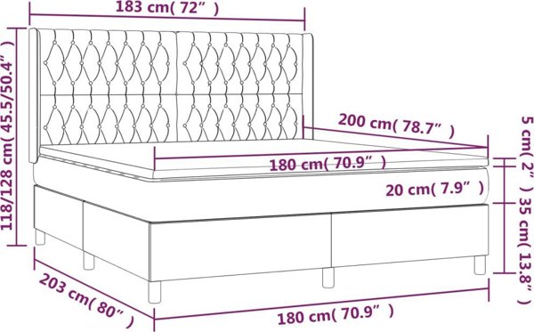 vidaXL Κρεβάτι κοντινεντάλε με στρώμα και LED, γκρι βελούδο, 180x200 εκ