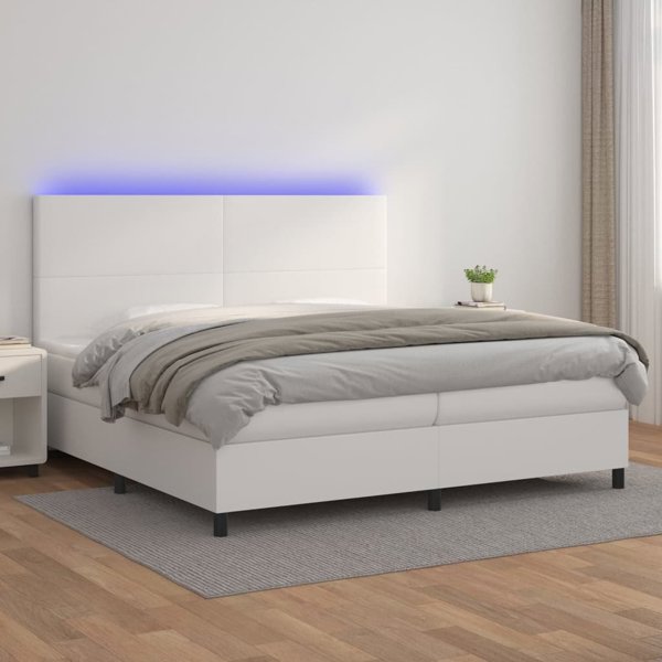 vidaXL Κρεβάτι κοντινεντάλ με στρώμα και LED, λευκή οικολογική δερματίνη 200x200 εκ.