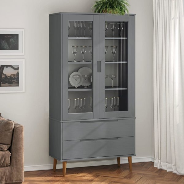vidaXL vidaXL Szafka z przeszkleniem, szaro, 90x35x175 cm, drewno sosnowe