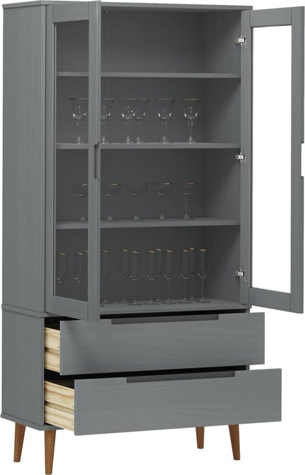 vidaXL vidaXL Szafka z przeszkleniem, szaro, 90x35x175 cm, drewno sosnowe