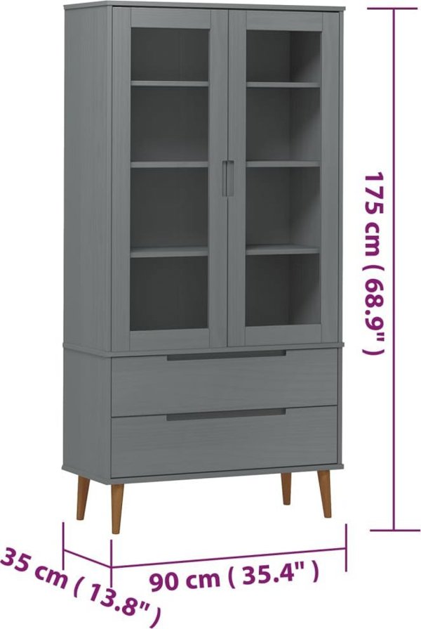 vidaXL vidaXL Szafka z przeszkleniem, szaro, 90x35x175 cm, drewno sosnowe
