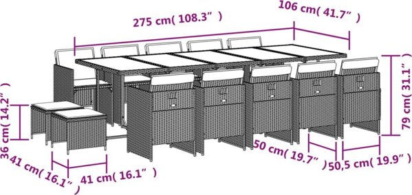 vidaXL Σετ 15 τεμ. επίπλων κήπου με μαξιλάρια, καφέ, από rattan PE