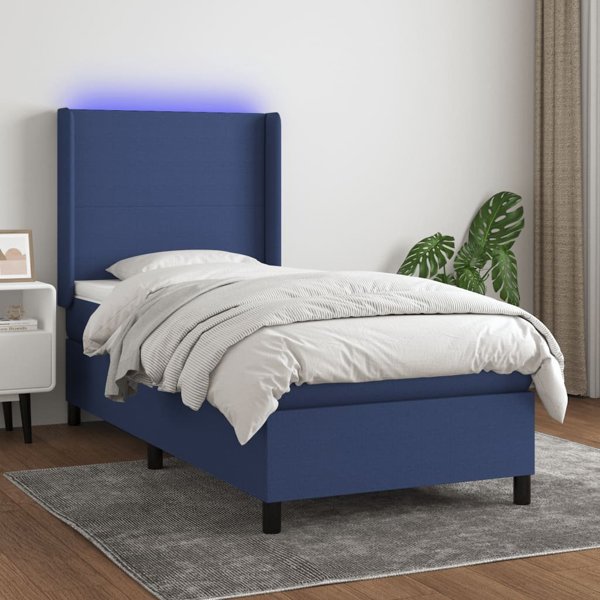 vidaXL Υπέρδιπλο κρεβάτι με στρώμα, μπλε, 90x190 εκ., ύφασμα