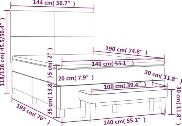 vidaXL Κρεβάτι Κοτντινεντάλ με Στρώμα, Καφέ, Ύφασμα, 140x190 cm