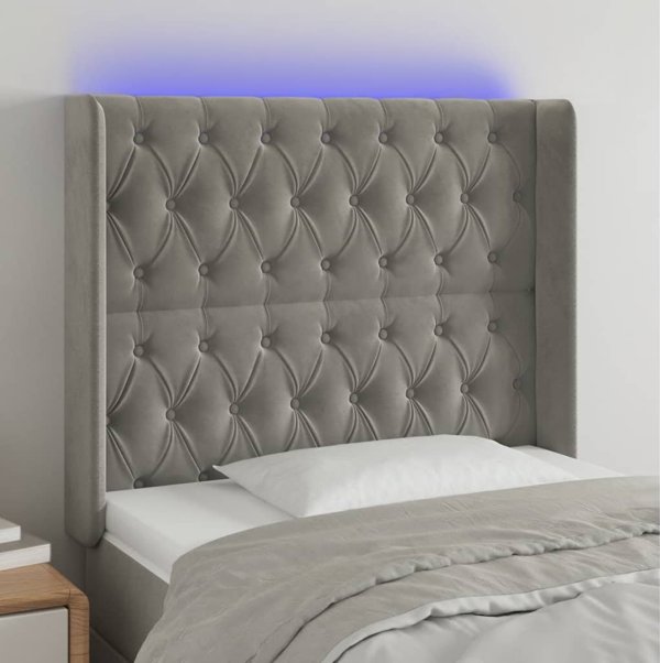 vidaXL Κεφαλάρι κρεβατιού με LED, ανοιχτό γκρι, 103x16x118/128 εκ., βελούδο