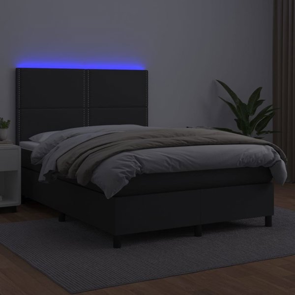vidaXL κρεβάτι κοντινεντάλ με στρώμα και LED, μαύρο συνθετικό δέρμα 140x200 εκ